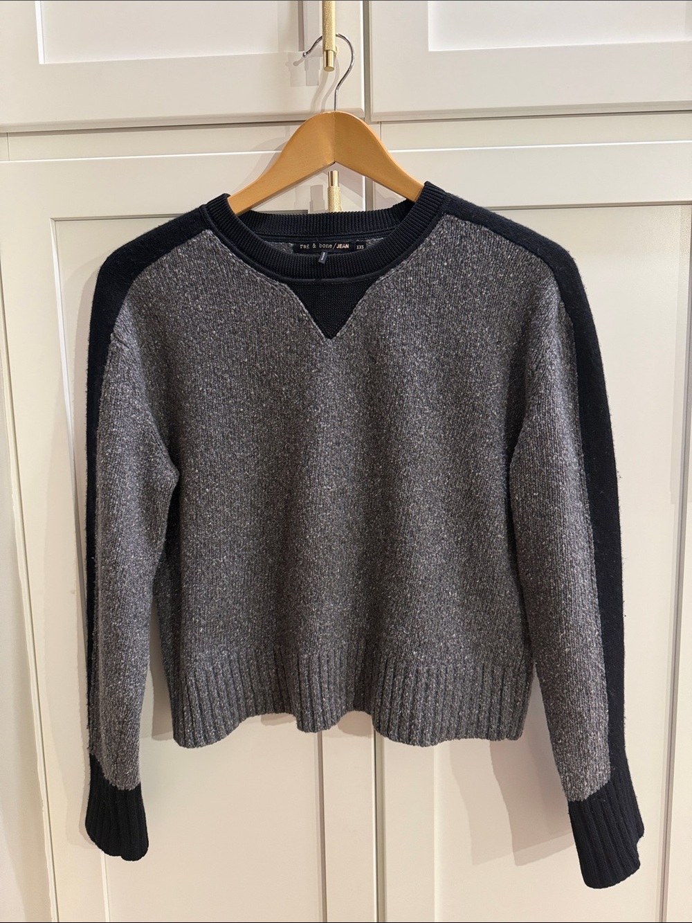 rag & bone Gray Crewneck Sweater with Black Shoulder Stripes